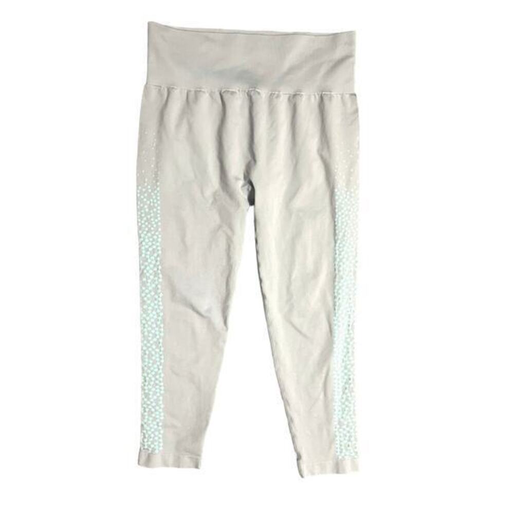 Fabletics Renee Seamless Capri Legging Gray Aqua Dot Stretch Sz Large Mist Tide